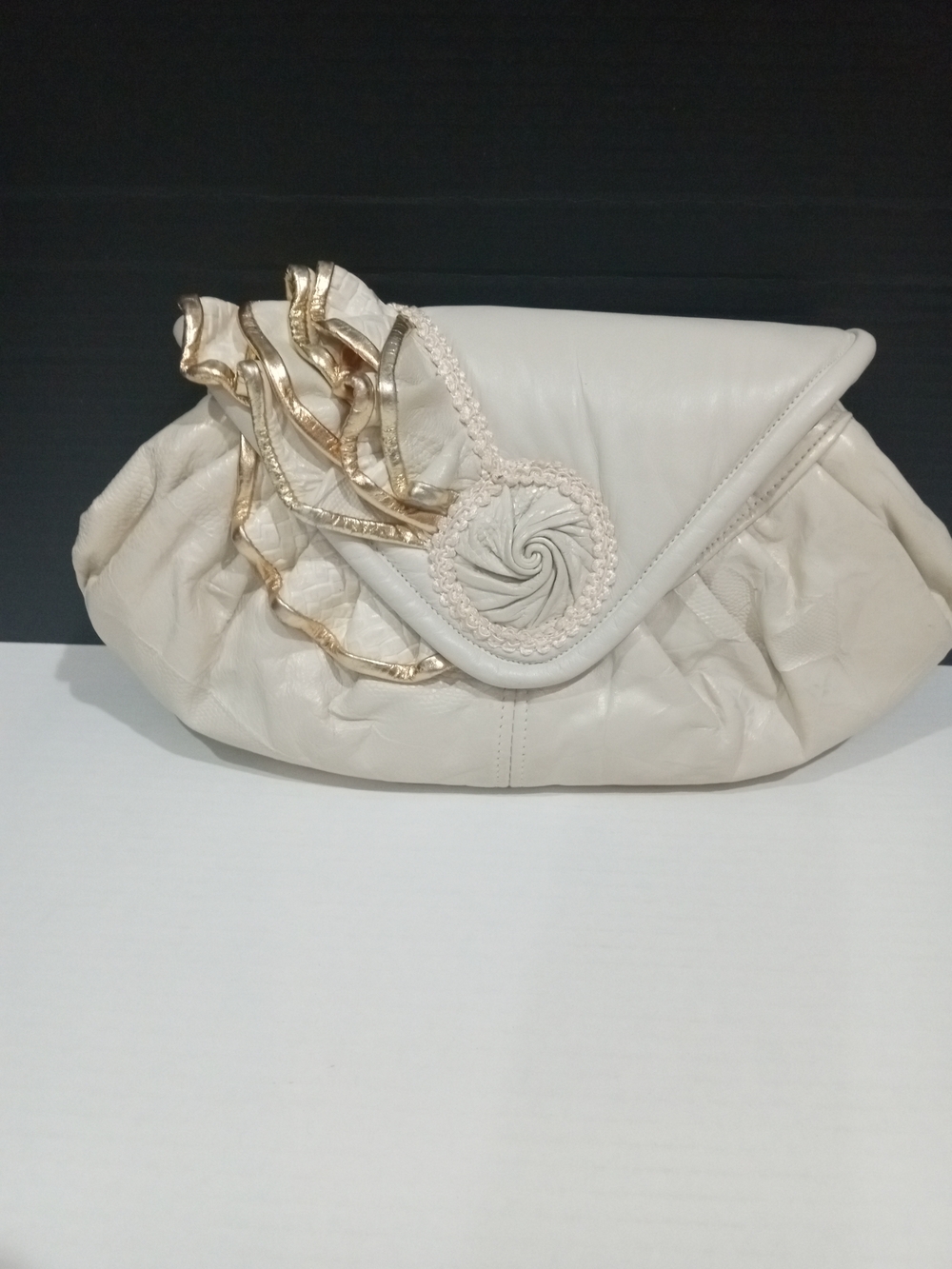 Elegant Cream Clutch Handbag with Gold Trim